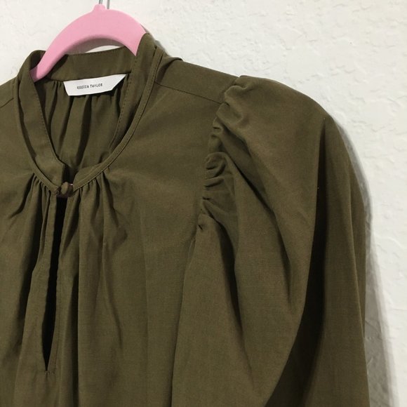 Rebecca Taylor NWT Womens 6 Knee Length Puff Sleeve Dress Dark Olive - Picture 4 of 15